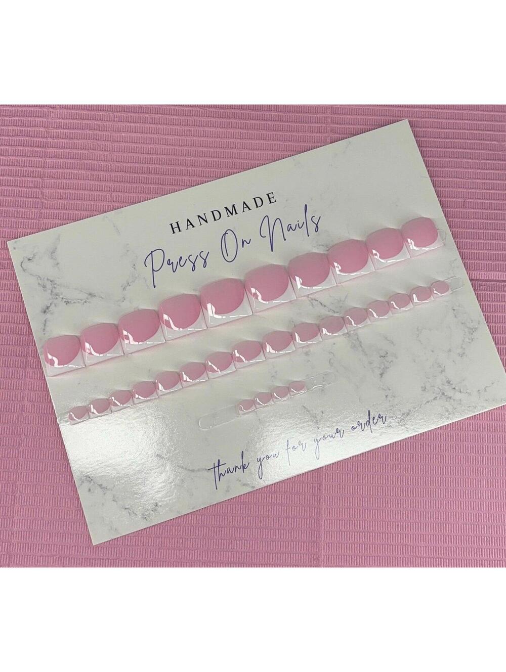 press on toenails pink nude white French tips handmade gel